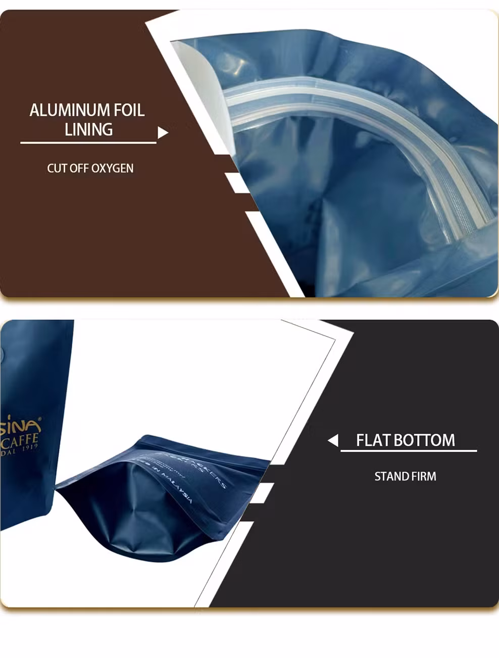 Bao bì túi đứng đáy phẳng nhựa Mylar cao cấp có khóa zip tùy chỉnh và logo riêng, bên trong là lớp nhôm, sử dụng để đóng gói thực phẩm, trà, hạt, cà phê hình ảnh 17-description