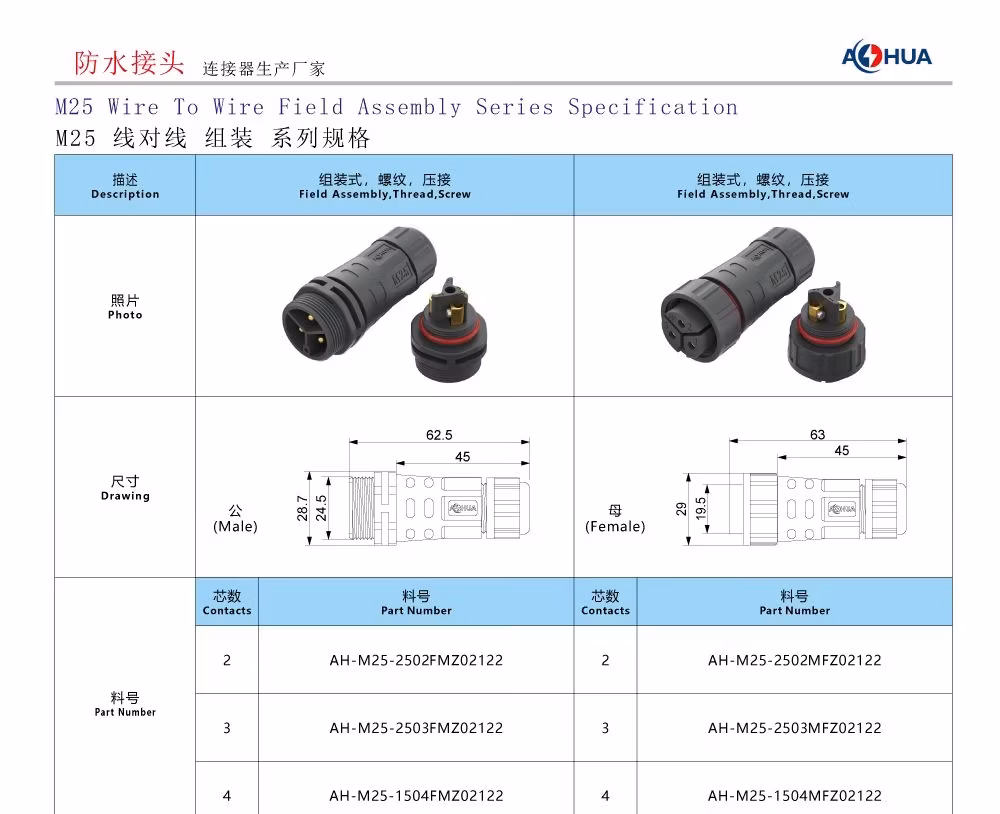 Đầu nối cáp Aohua M25 loại cố định bằng vít, chống nước IP68 300V nam điện 25A đến nữ dây nguồn hình ảnh 18-description