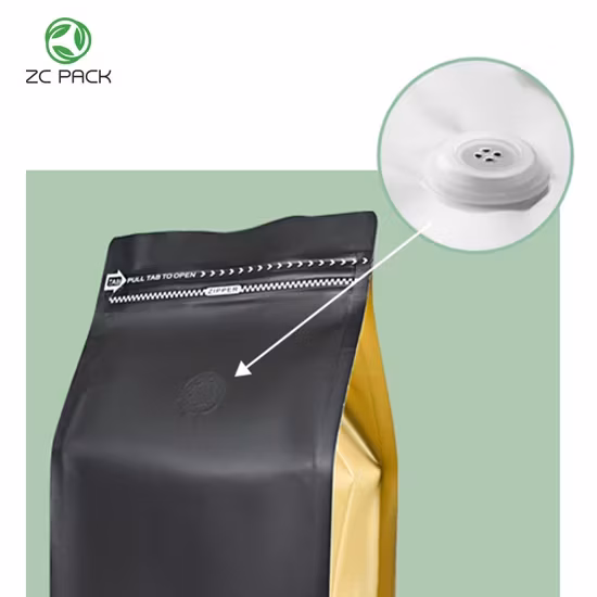 Bao bì túi đứng đáy phẳng nhựa Mylar cao cấp có khóa zip tùy chỉnh và logo riêng, bên trong là lớp nhôm, sử dụng để đóng gói thực phẩm, trà, hạt, cà phê