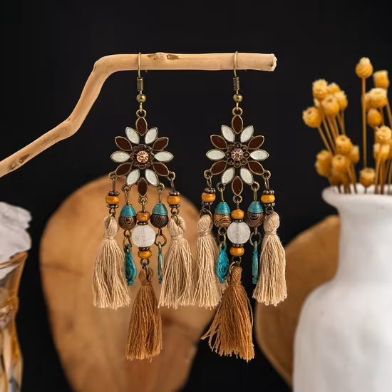 Charm bohemian với bông tai ngọc lam hình cú chạm khắc hình học độc đáo hình ảnh 1-description