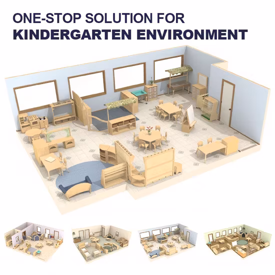 Nội thất mẫu giáo Montessori bằng gỗ, bao gồm bàn, ghế và tủ thiết kế theo phong cách Reggio cho lớp học mẫu giáo