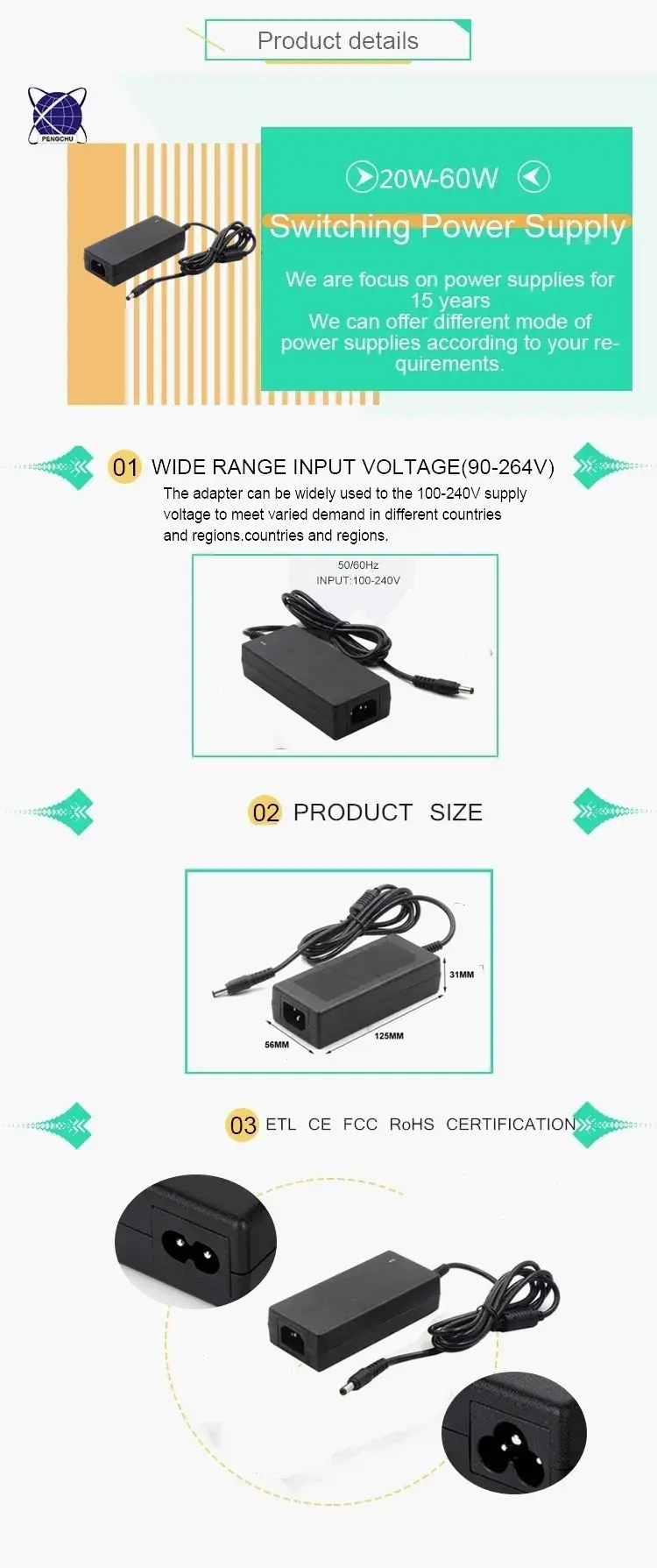 Bo chuyển đổi nguồn 20W 5V 4A cho máy tính để bàn, đạt chuẩn ce, RoHS, FCC, UL, SAA, CB hình ảnh 12-description