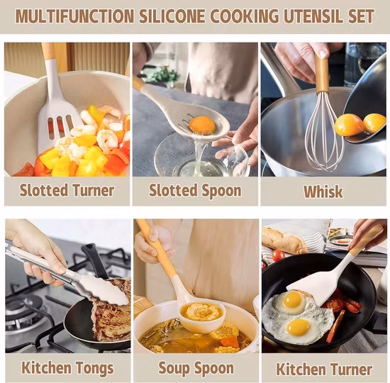 Bộ Dụng Cụ Nhà Bếp Silicone, Sản Phẩm Gỗ Thiên Nhiên, An Toàn Cho Môi Trường