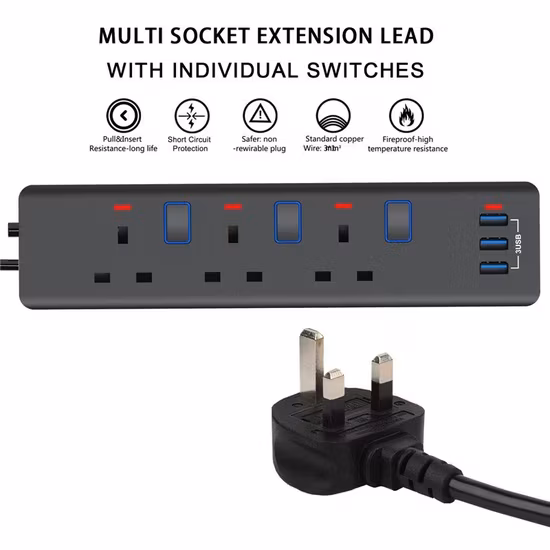 Phích cắm UK 3USB mở rộng dây kéo đen trắng từ Malaysia: 3 cách tiện lợi