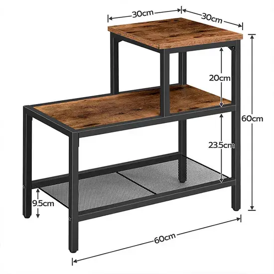 Bàn cuối bằng gỗ thông phong cách Tiers với kệ dưới được làm từ lưới sắt