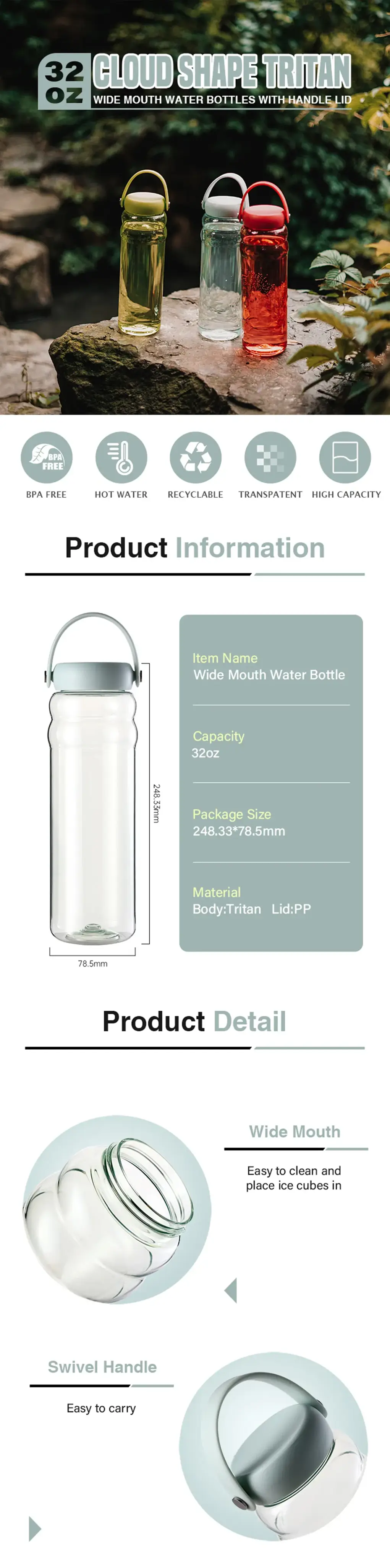 Bình nước uống 32oz được làm từ nhựa Tritan an toàn, thân thiện với môi trường, tiện lợi và không chứa chất BPA hình ảnh 12-description