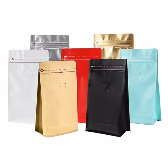Đóng gói hạt cà phê bằng bao nhựa Mylar mờ đen trắng 250g không in, có van và đáy phẳng