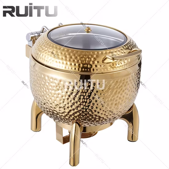 Bàn buffet chứa thực phẩm và đồ uống, bao gồm nồi súp, khay giữ nóng, sử dụng cả nhiên liệu và điện, làm từ thép không gỉ, với nắp màu bạc, là lựa chọn lý tưởng cho đám cưới và các dịch vụ ăn uống