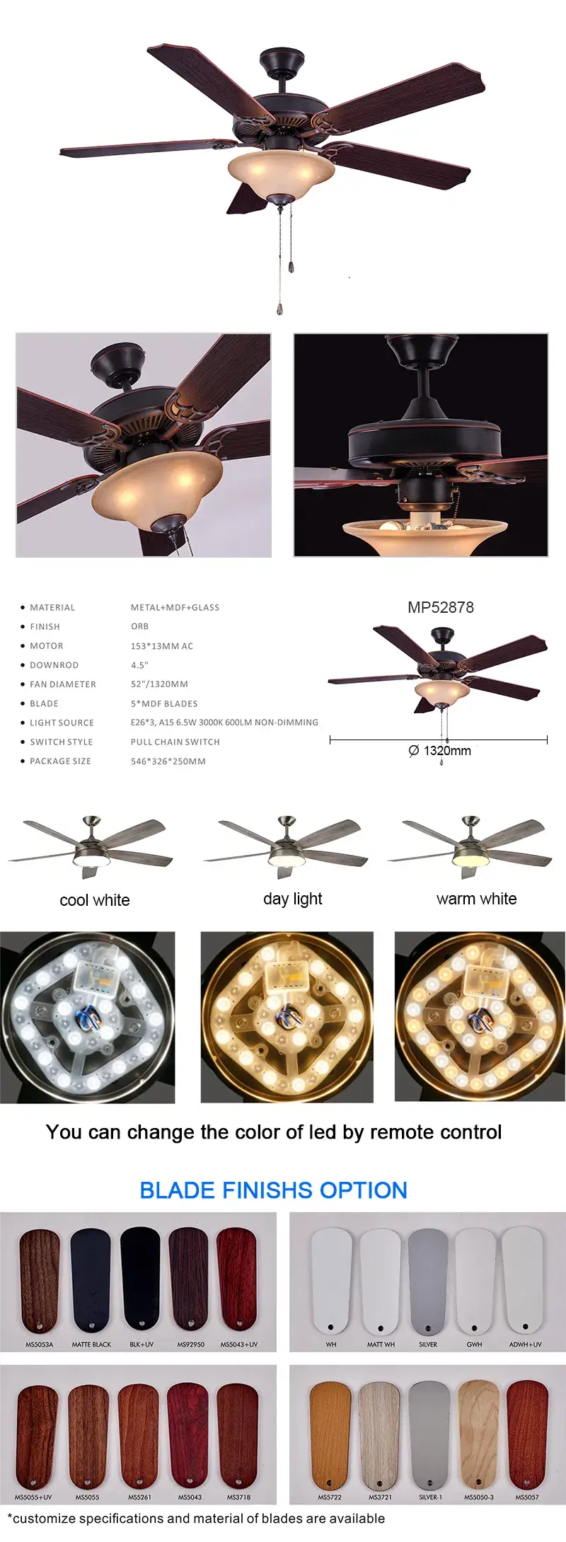 52 Quạt trần cổ điển 5 cánh có đèn LED và điều khiển từ xa cho không gian nội thất hình ảnh 14-description