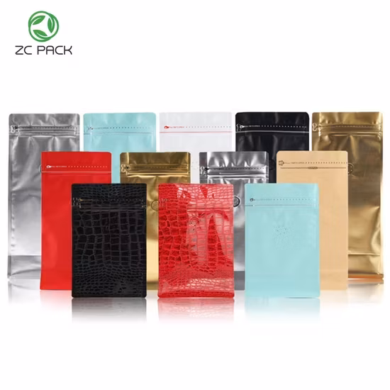 Bao bì túi đứng đáy phẳng nhựa Mylar cao cấp có khóa zip tùy chỉnh và logo riêng, bên trong là lớp nhôm, sử dụng để đóng gói thực phẩm, trà, hạt, cà phê