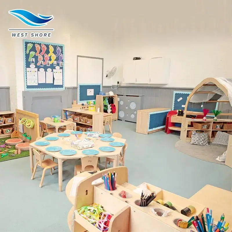 Nội thất mẫu giáo Montessori bằng gỗ, bao gồm bàn, ghế và tủ thiết kế theo phong cách Reggio cho lớp học mẫu giáo