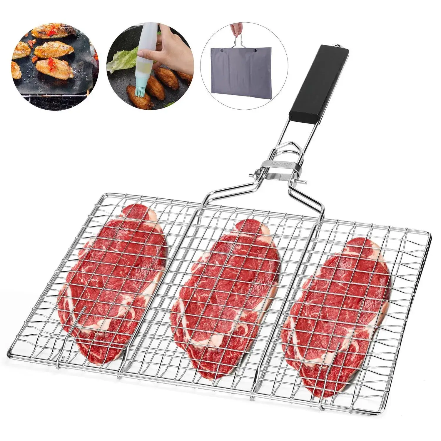 Giỏ nướng cá di động bằng chất liệu không gỉ với tay cầm rời tiện lợi cho bữa tiệc nướng