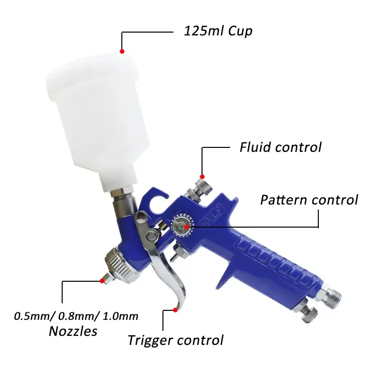 Súng phun sơn mini HVLP khí nén với 0.5mm, 0.8mm, 1.0mm và 125ml cốc sơn
