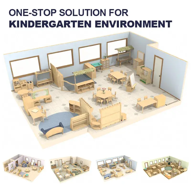 Nội thất mẫu giáo Montessori bằng gỗ, bao gồm bàn, ghế và tủ thiết kế theo phong cách Reggio cho lớp học mẫu giáo