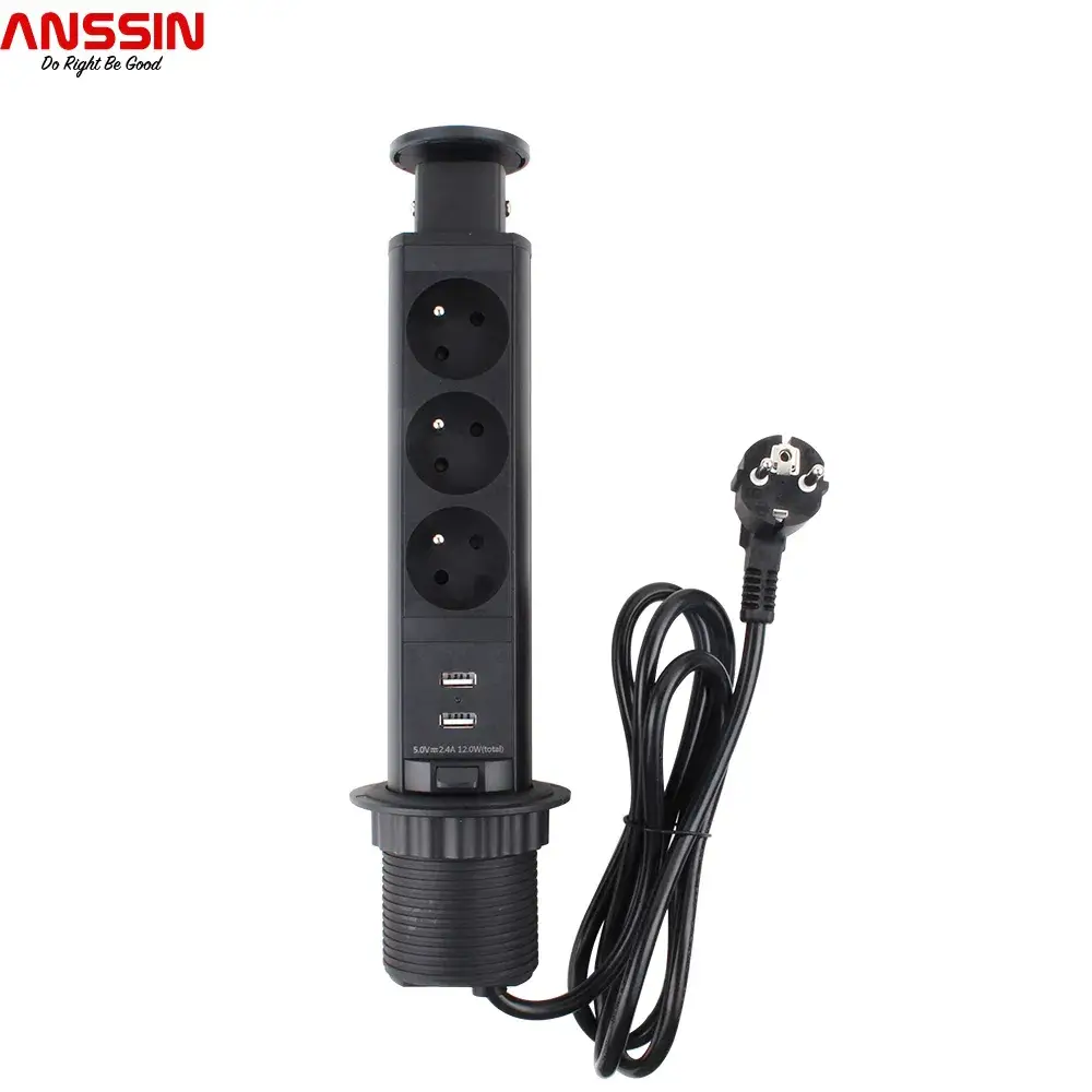 Bảng điện Escamotable 3 Ổ cắm và 2 Cổng USB màu Đen có đường kính 60 mm