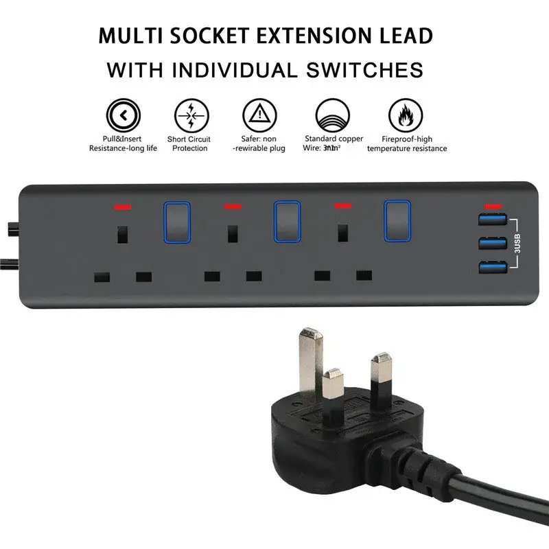 Phích cắm UK 3USB mở rộng dây kéo đen trắng từ Malaysia: 3 cách tiện lợi