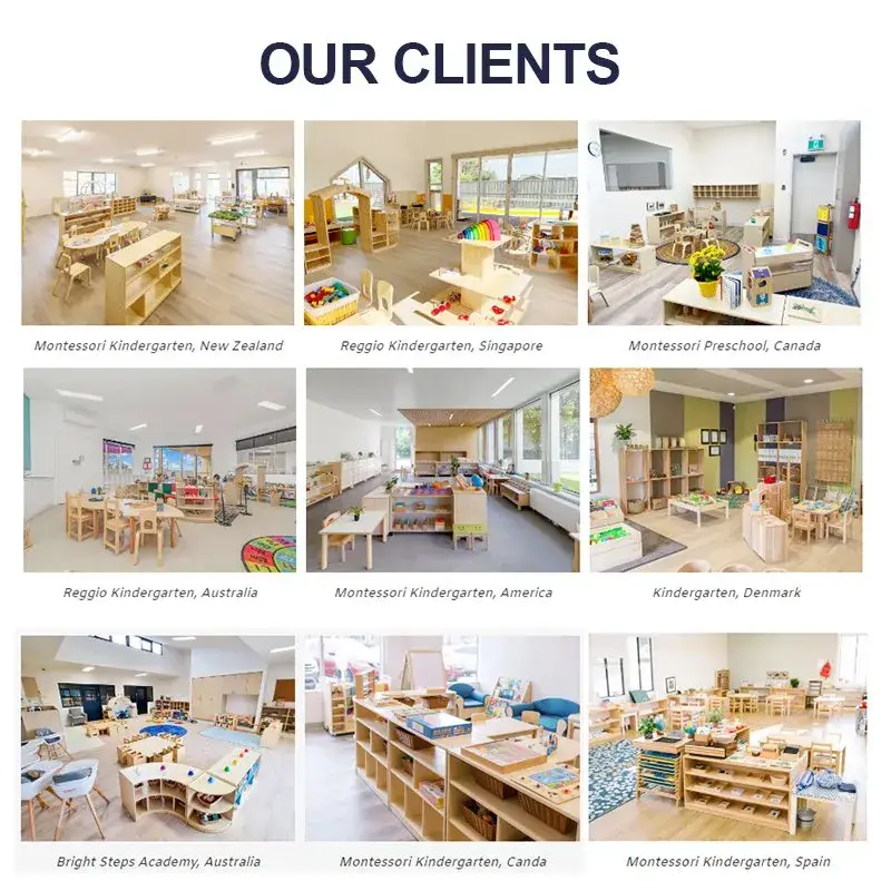 Nội thất mẫu giáo Montessori bằng gỗ, bao gồm bàn, ghế và tủ thiết kế theo phong cách Reggio cho lớp học mẫu giáo