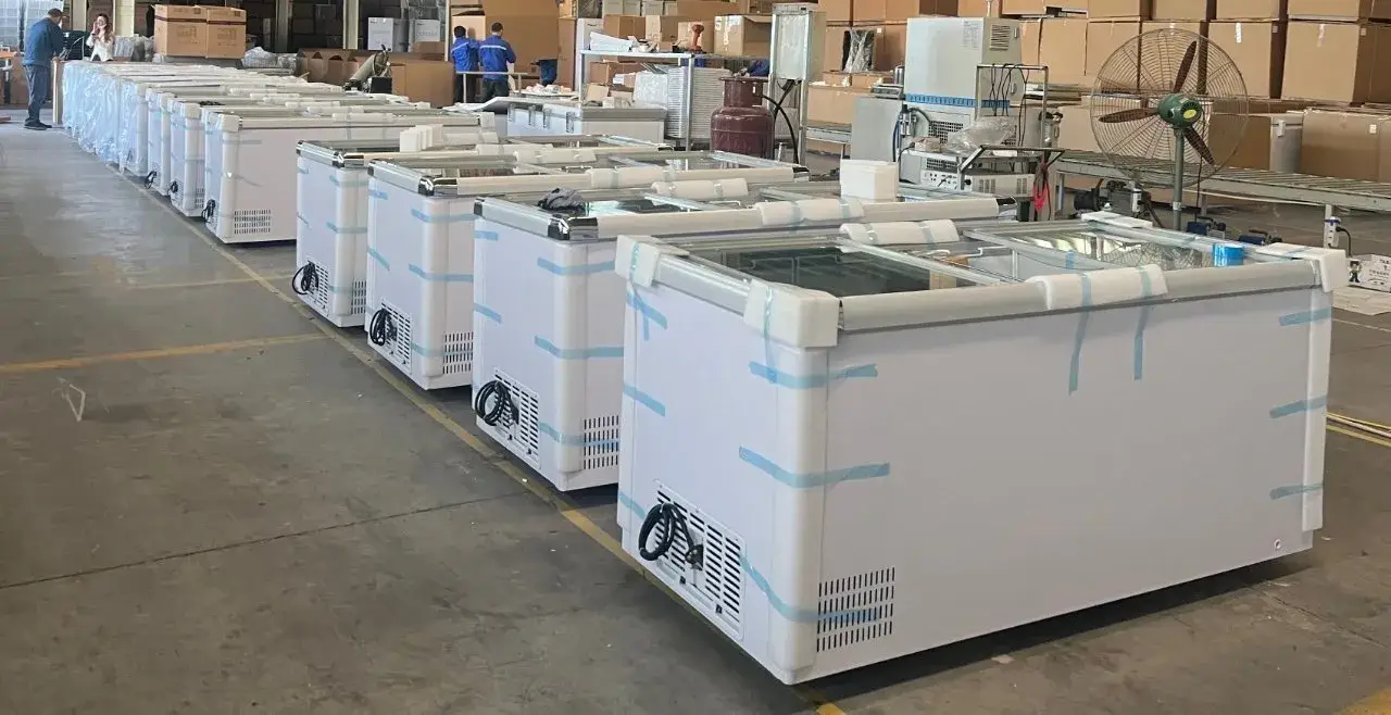 Nhà máy tủ đông thực phẩm thương mại mở kết hợp tủ đảo và tủ đông nằm ngang - giá buôn