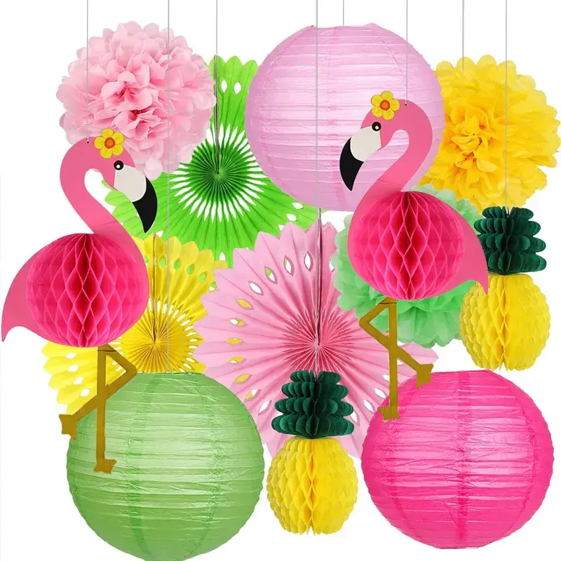 Garland đa màu sắc và bóng tổ ong treo trang trí sân khấu phòng khách cho bữa tiệc lễ hội