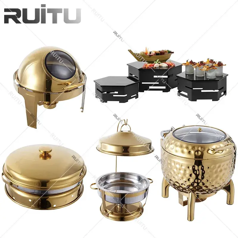 Bàn buffet chứa thực phẩm và đồ uống, bao gồm nồi súp, khay giữ nóng, sử dụng cả nhiên liệu và điện, làm từ thép không gỉ, với nắp màu bạc, là lựa chọn lý tưởng cho đám cưới và các dịch vụ ăn uống