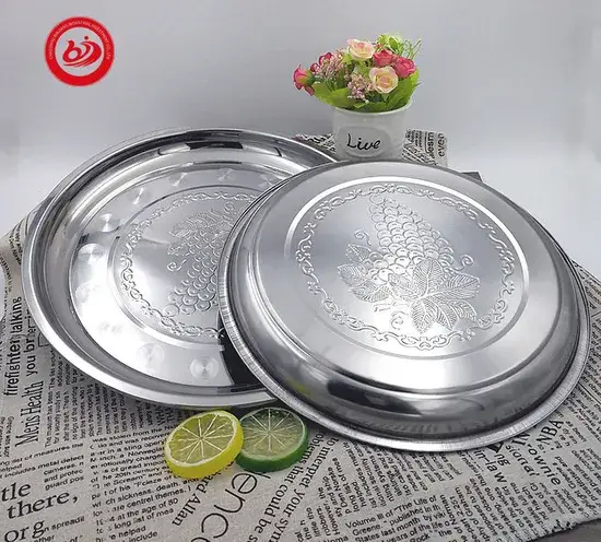 Mâm tròn họa tiết nho châu Phi Ấn Độ từ kim loại, khay phục vụ bằng thép không gỉ cho bữa ăn và thực phẩm