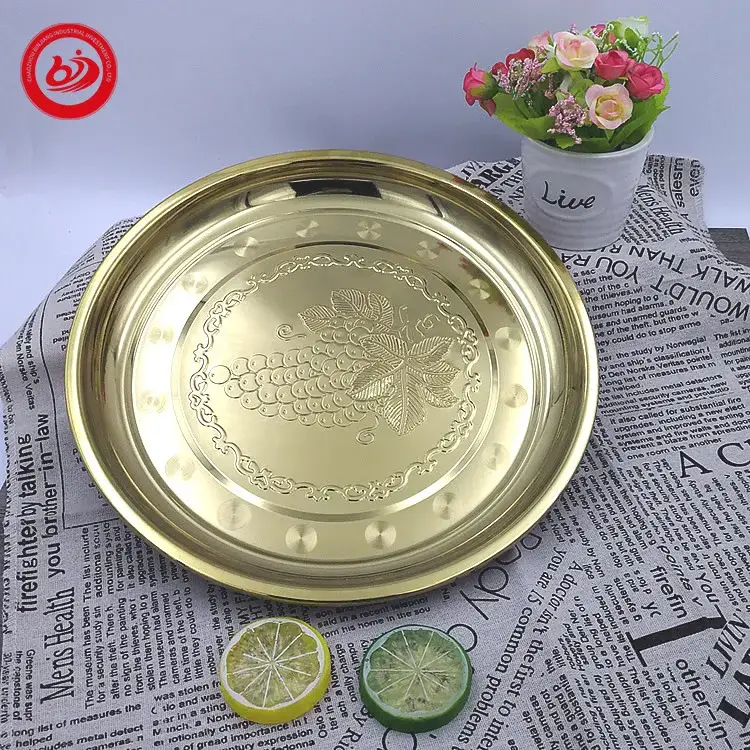 Mâm tròn họa tiết nho châu Phi Ấn Độ từ kim loại, khay phục vụ bằng thép không gỉ cho bữa ăn và thực phẩm hình ảnh 14-description