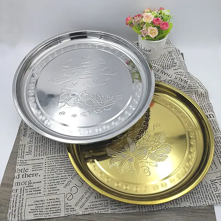 Mâm tròn họa tiết nho châu Phi Ấn Độ từ kim loại, khay phục vụ bằng thép không gỉ cho bữa ăn và thực phẩm hình ảnh 21-description