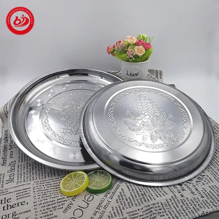 Mâm tròn họa tiết nho châu Phi Ấn Độ từ kim loại, khay phục vụ bằng thép không gỉ cho bữa ăn và thực phẩm hình ảnh 16-description
