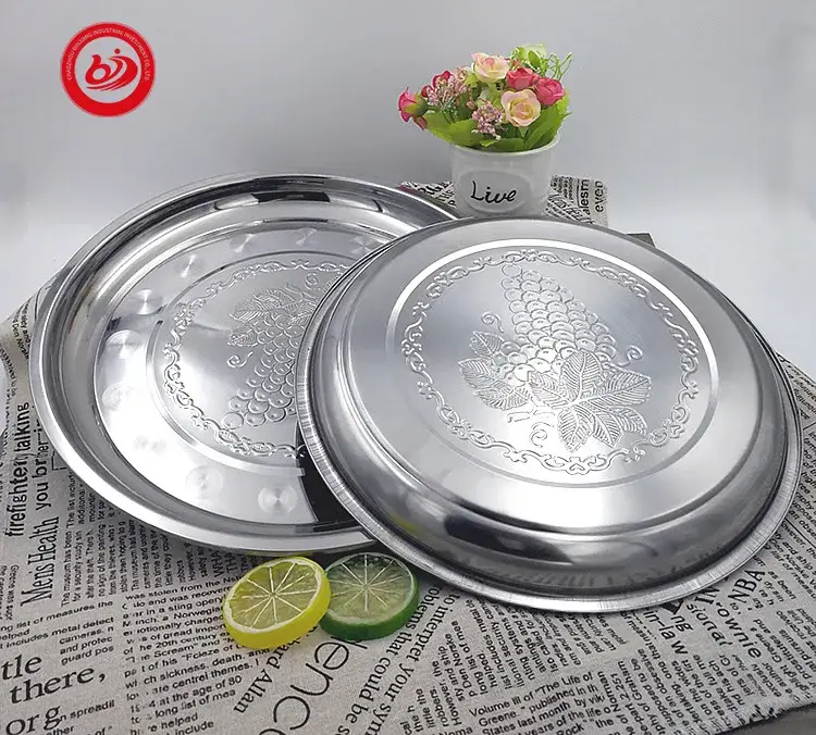 Mâm tròn họa tiết nho châu Phi Ấn Độ từ kim loại, khay phục vụ bằng thép không gỉ cho bữa ăn và thực phẩm hình ảnh 13-description