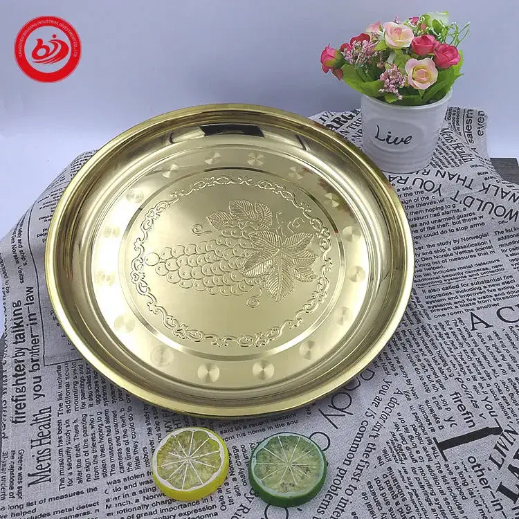 Mâm tròn họa tiết nho châu Phi Ấn Độ từ kim loại, khay phục vụ bằng thép không gỉ cho bữa ăn và thực phẩm
