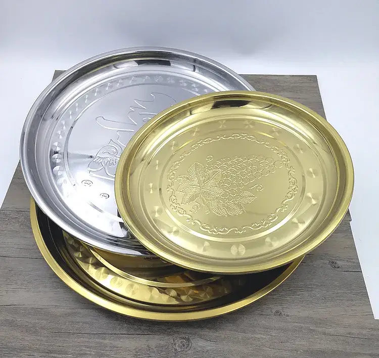 Mâm tròn họa tiết nho châu Phi Ấn Độ từ kim loại, khay phục vụ bằng thép không gỉ cho bữa ăn và thực phẩm hình ảnh 18-description