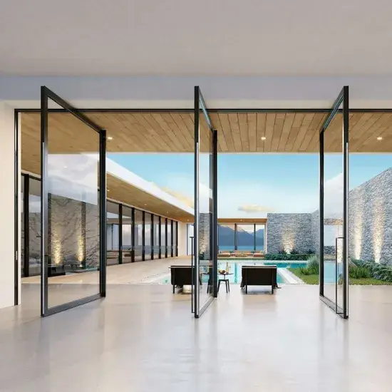 Cửa pivot kiểu cung bằng kính laminate và khung nhôm