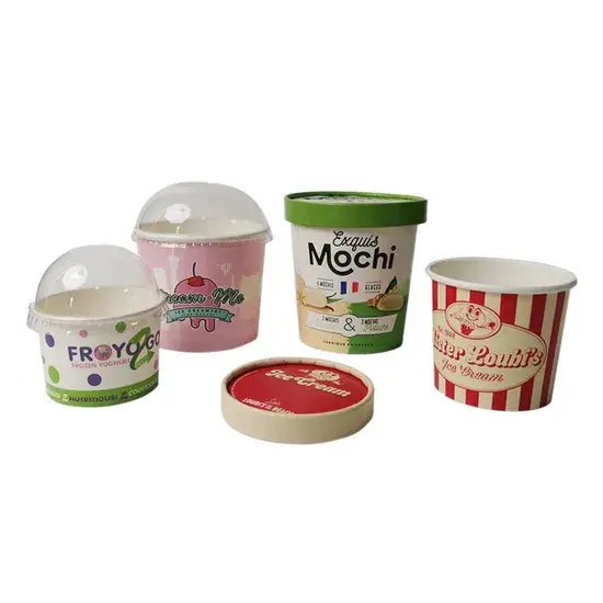 Cốc kem giấy thân thiện môi trường với nắp và thìa đi kèm