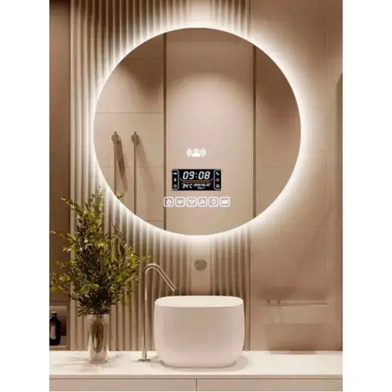 Gương LED thông minh tùy chỉnh trang trí tường cho phòng tắm, chống mờ và hiển thị hình tròn hình ảnh 1-description
