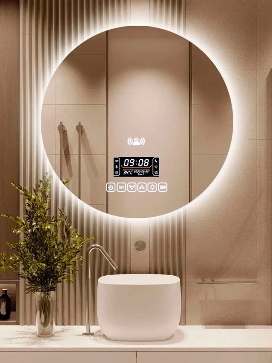 Gương LED thông minh tùy chỉnh trang trí tường cho phòng tắm, chống mờ và hiển thị hình tròn hình ảnh 12-description