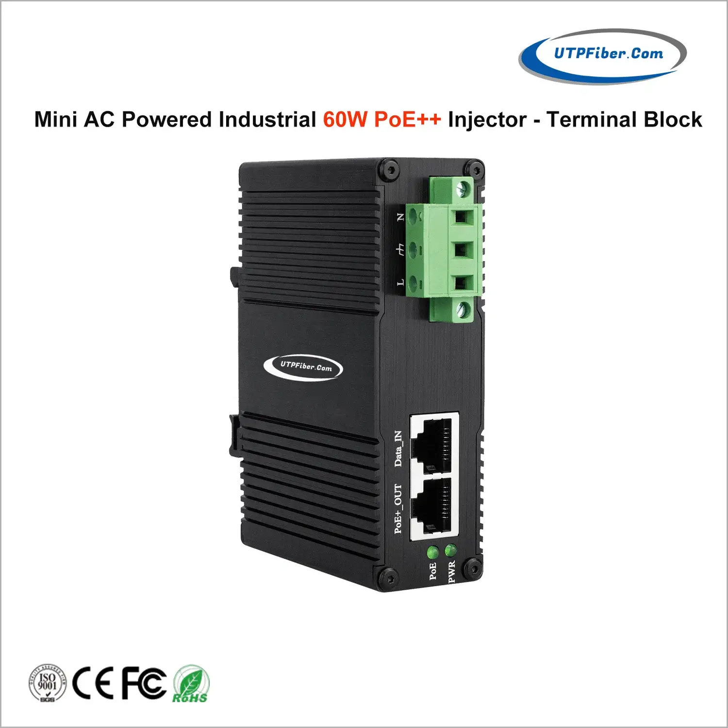 Bộ tiêm Poe++ Ethernet Gigabit công nghiệp DIN Rail IP40 với khối đầu vào nguồn 90-240VAC