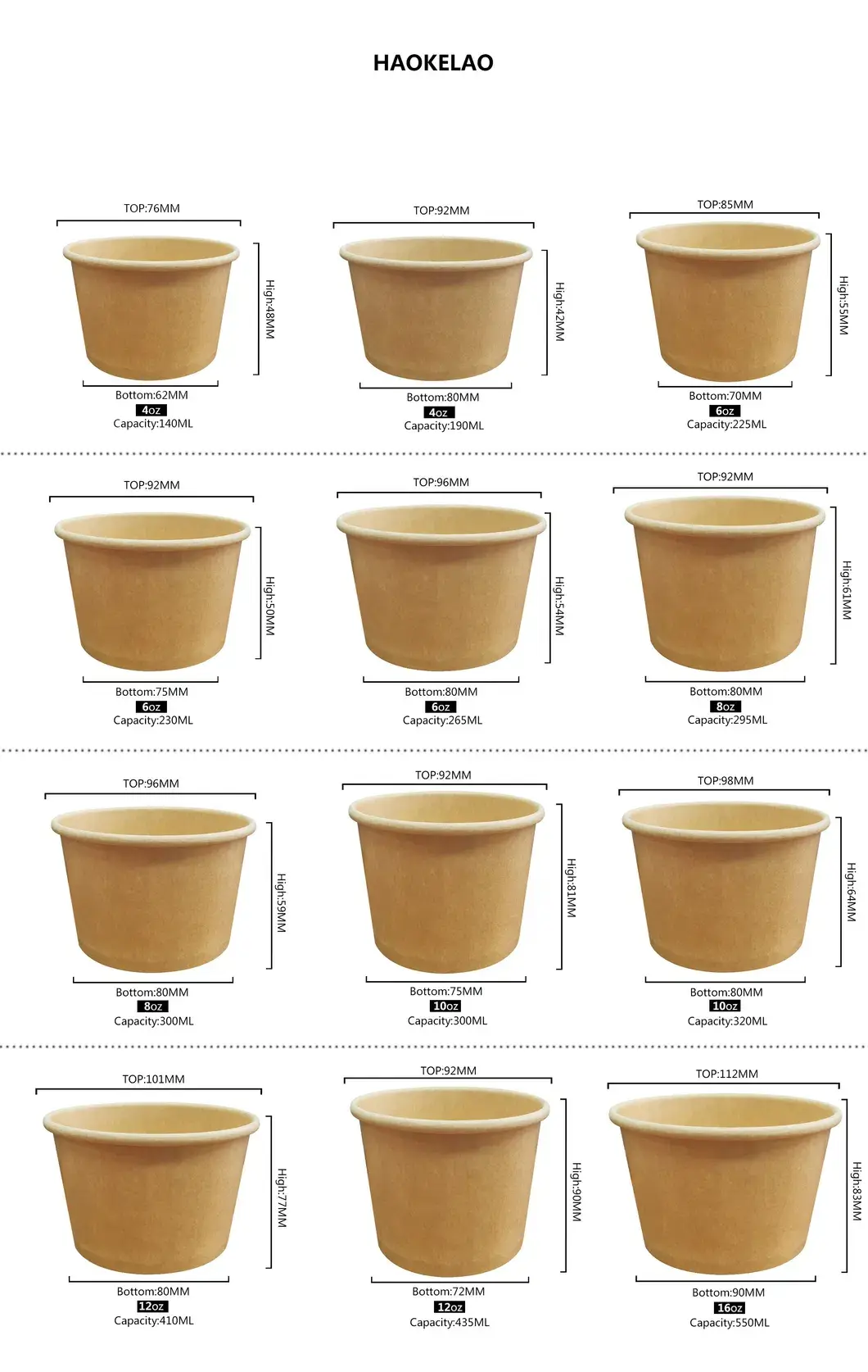 Cốc kem thân thiện môi trường, kích thước 4 Oz 6 Oz 8 Oz 10 Oz 12 Oz 16oz, không gây ô nhiễm hình ảnh 14-description