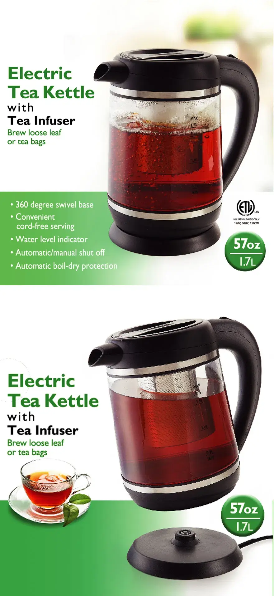 Chuỗi đun nước thông minh 1.7L kính sáng bóng với chức năng lọc trà hình ảnh 12-description
