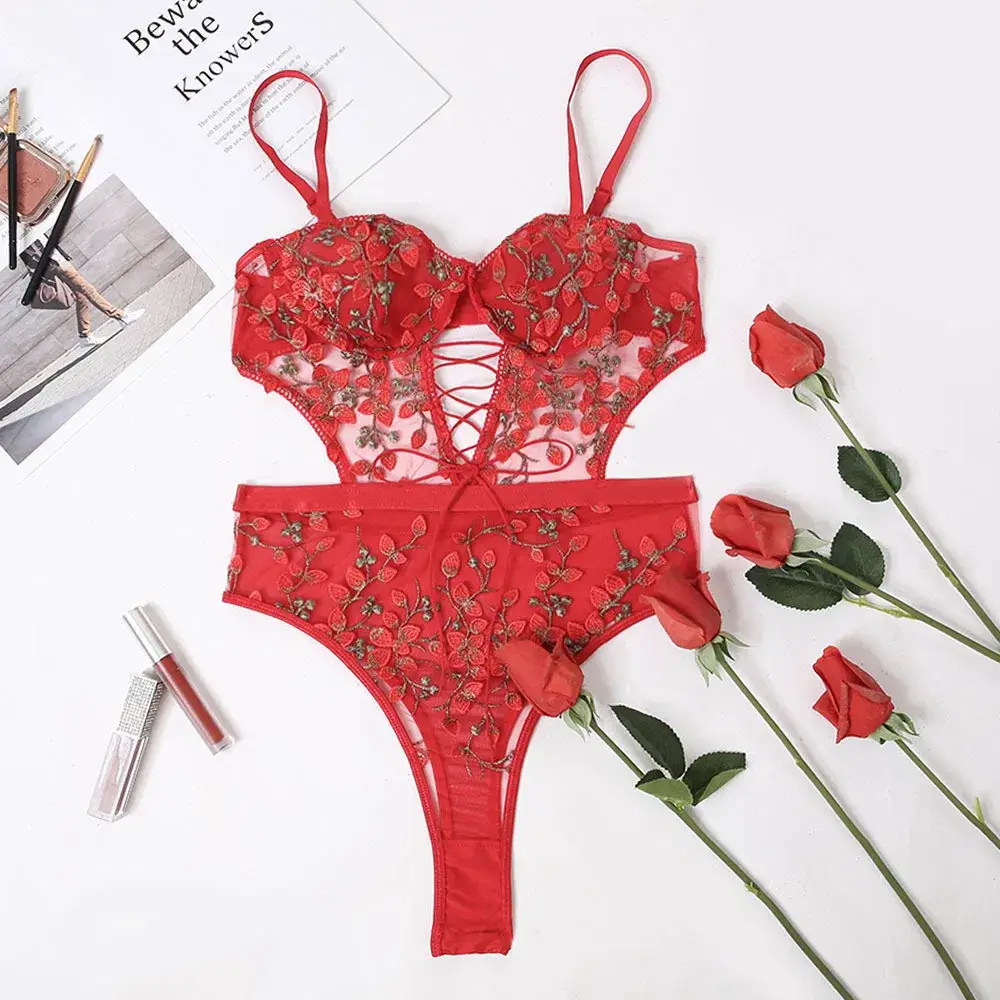 Intiflower - Bộ bodysuit ren trong suốt thêu hoa đồ lót sexy bán buôn hình ảnh 18-description