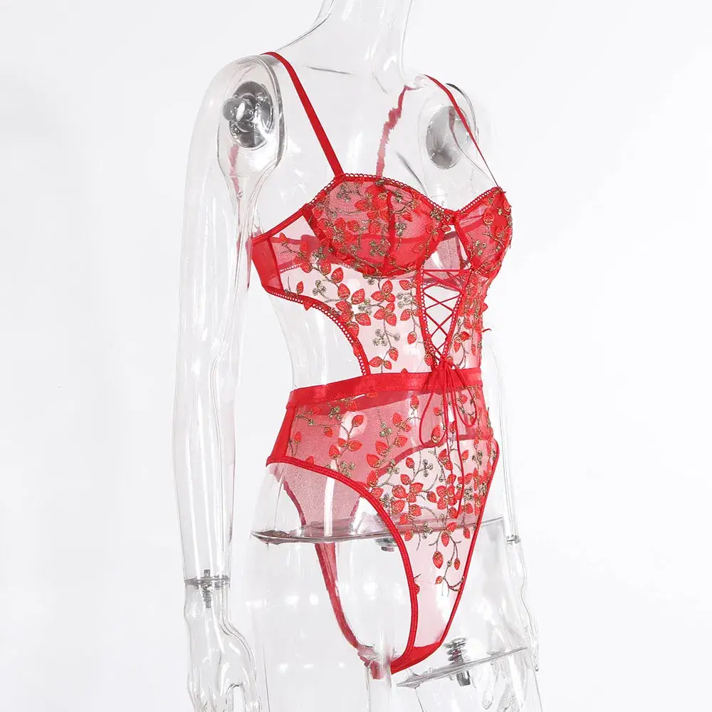 Intiflower - Bộ bodysuit ren trong suốt thêu hoa đồ lót sexy bán buôn hình ảnh 16-description