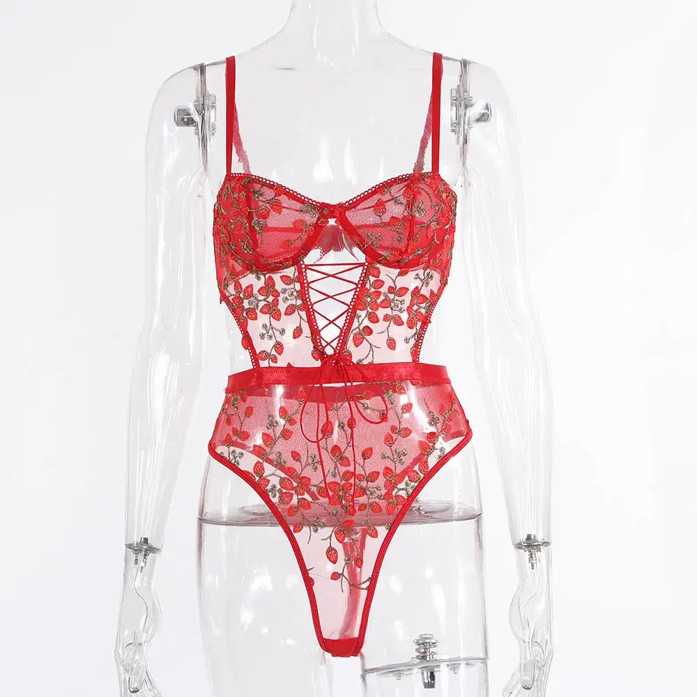 Intiflower - Bộ bodysuit ren trong suốt thêu hoa đồ lót sexy bán buôn hình ảnh 15-description
