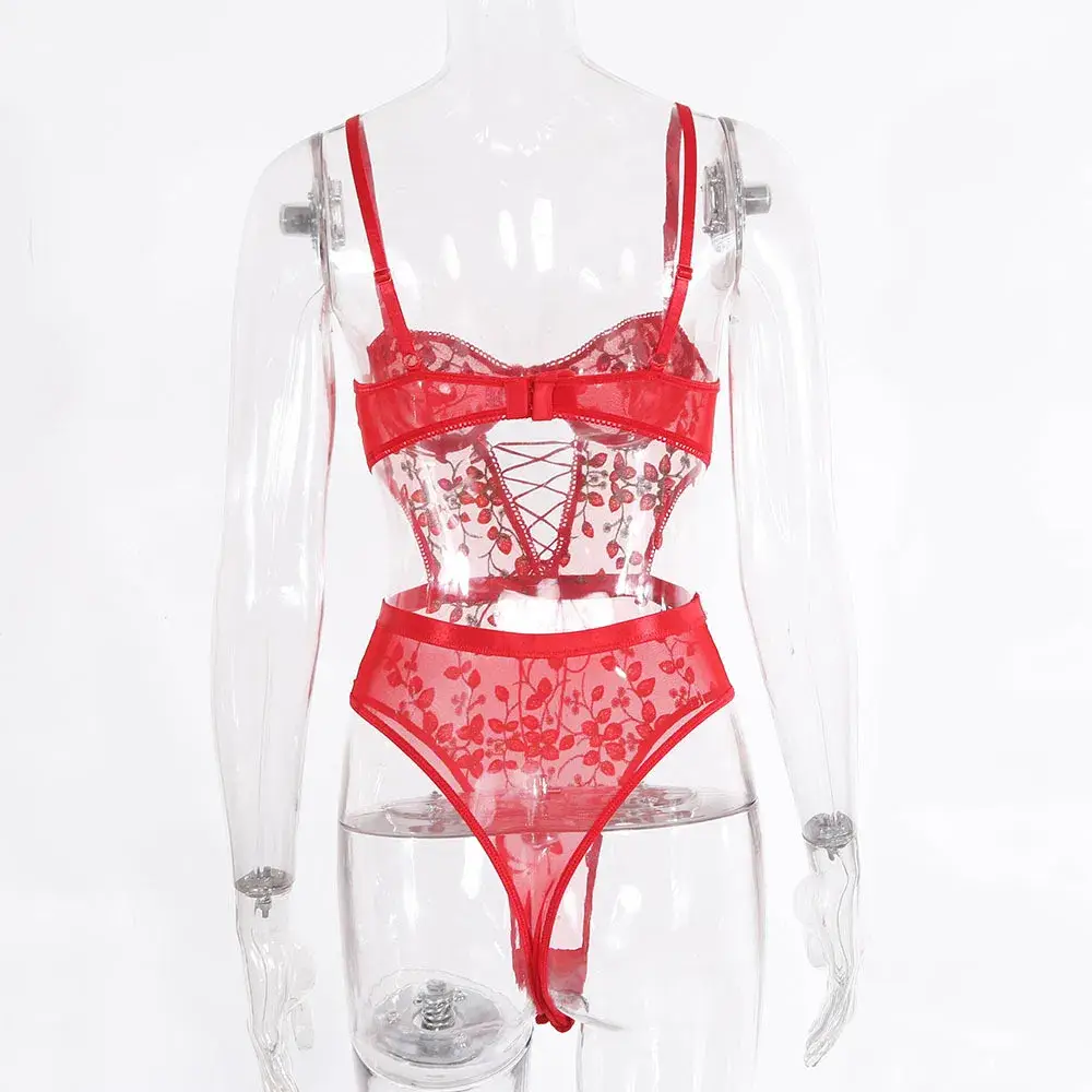 Intiflower - Bộ bodysuit ren trong suốt thêu hoa đồ lót sexy bán buôn hình ảnh 17-description