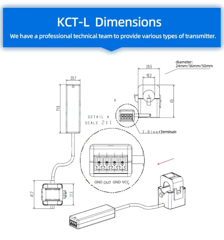 Sensor dòng điện thứ cấp Kct-24L 400A 4-20mA nhỏ gọn, có thể tùy chỉnh kích thước hình ảnh 14-description