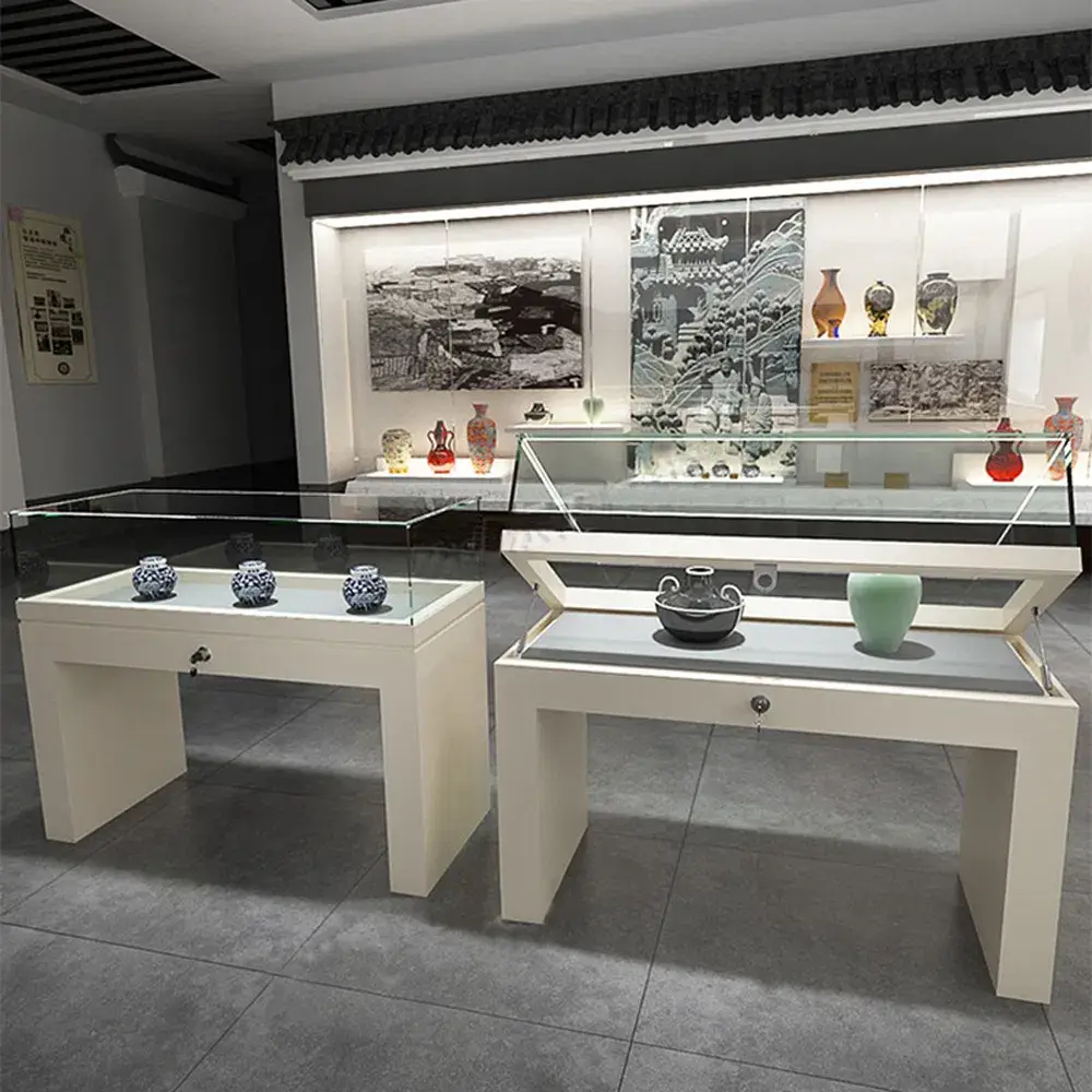 Tủ trưng bày đồ cổ bằng gỗ, kim loại, kính, acrylic/MDF màu đen trắng bạc có khóa và tủ dưới có khóa - Chất lượng tốt cho bảo tàng hình ảnh 28-description