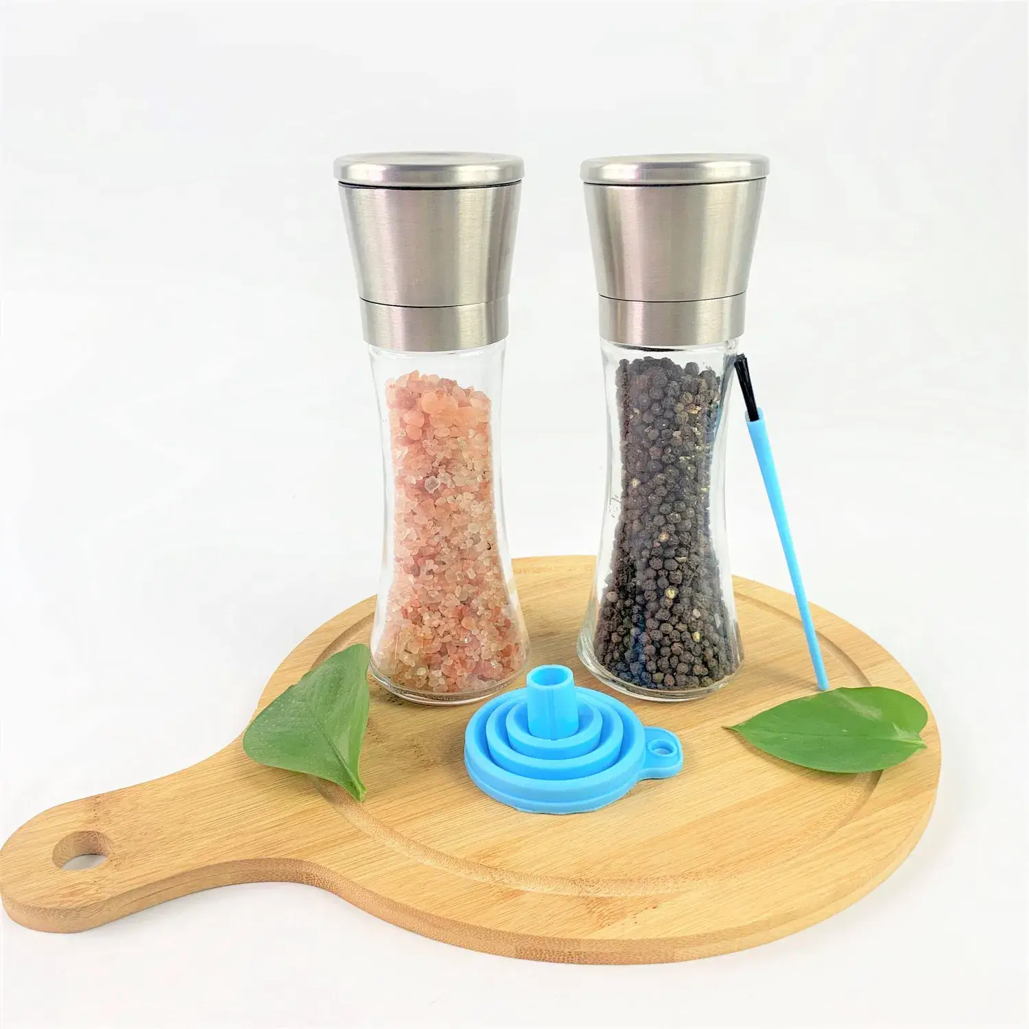 Bình xay muối và tiêu thủ công, vật liệu thép không gỉ, phụ kiện bình đựng gia vị thủy tinh và giá đỡ đi kèm