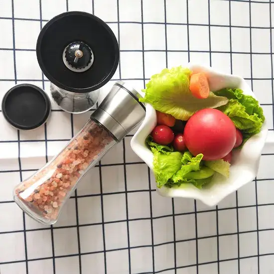Bình xay muối và tiêu thủ công, vật liệu thép không gỉ, phụ kiện bình đựng gia vị thủy tinh và giá đỡ đi kèm