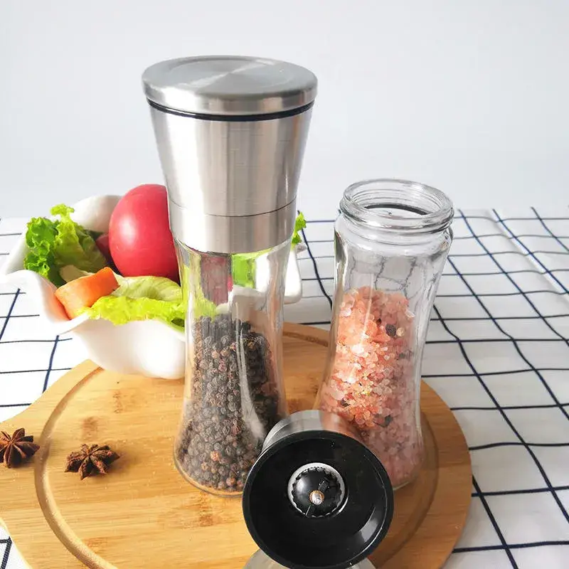 Bình xay muối và tiêu thủ công, vật liệu thép không gỉ, phụ kiện bình đựng gia vị thủy tinh và giá đỡ đi kèm