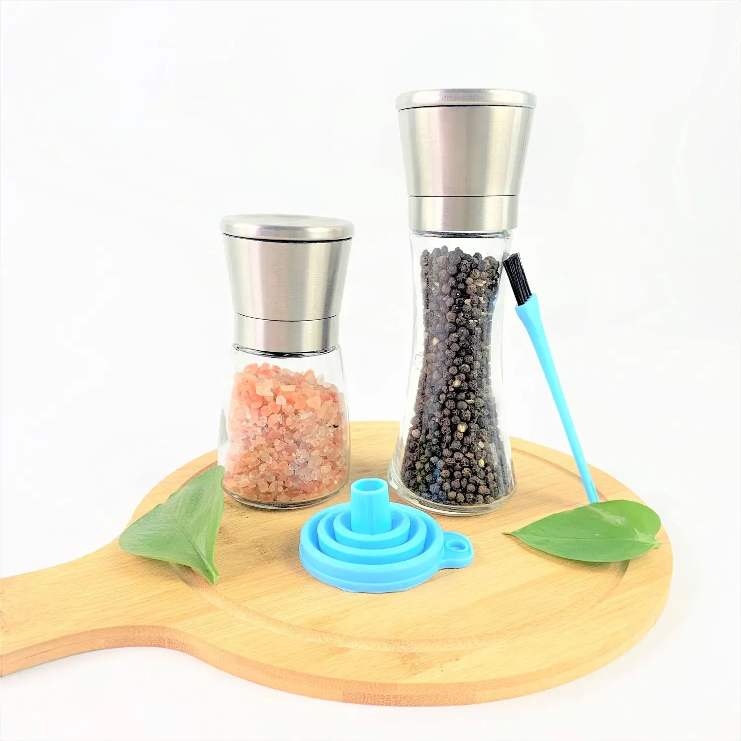Bình xay muối và tiêu thủ công, vật liệu thép không gỉ, phụ kiện bình đựng gia vị thủy tinh và giá đỡ đi kèm