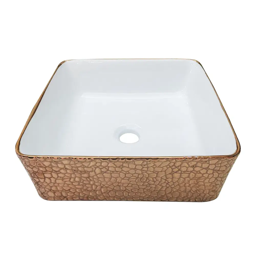Bồn rửa bằng gốm tròn mạ vàng hiện đại, trang trí nghệ thuật, lắp đặt trên mặt bàn phòng tắm, chất liệu đá -> Bồn rửa bằng gốm tròn mạ vàng, thiết kế hiện đại, phù hợp lắp đặt trên mặt bàn phòng tắm, chất liệu đá tự nhiên hình ảnh 16-description