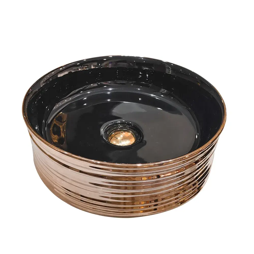 Bồn rửa bằng gốm tròn mạ vàng hiện đại, trang trí nghệ thuật, lắp đặt trên mặt bàn phòng tắm, chất liệu đá -> Bồn rửa bằng gốm tròn mạ vàng, thiết kế hiện đại, phù hợp lắp đặt trên mặt bàn phòng tắm, chất liệu đá tự nhiên hình ảnh 17-description